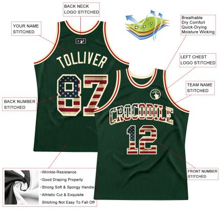 Custom Hunter Green Vintage USA Flag Basketball Jersey - Cream Authentic Throwback Custom Hunter Green Vintage USA Flag-Cream