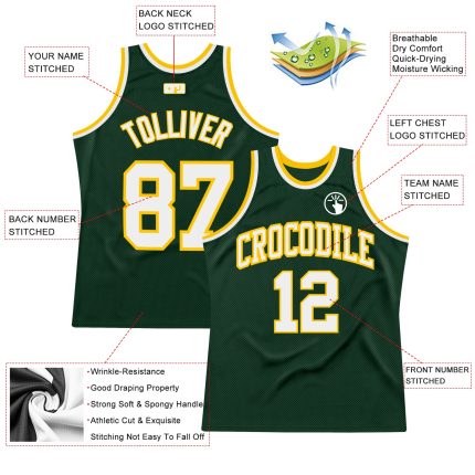 Hunter Green White-Gold Authentic Basketball Jersey - Custom Throwback Design Custom Hunter Green White-Gold Authentic Throwback