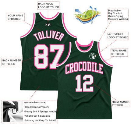 Hunter Green White-Pink Authentic Basketball Jersey, Custom Throwback Design Custom Hunter Green White-Pink Authentic Throwback