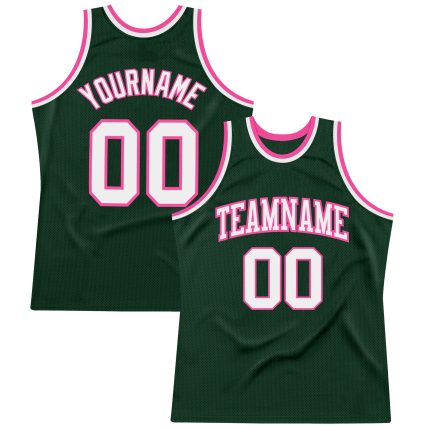 Hunter Green White-Pink Authentic Basketball Jersey, Custom Throwback Design Custom Hunter Green White-Pink Authentic Throwback