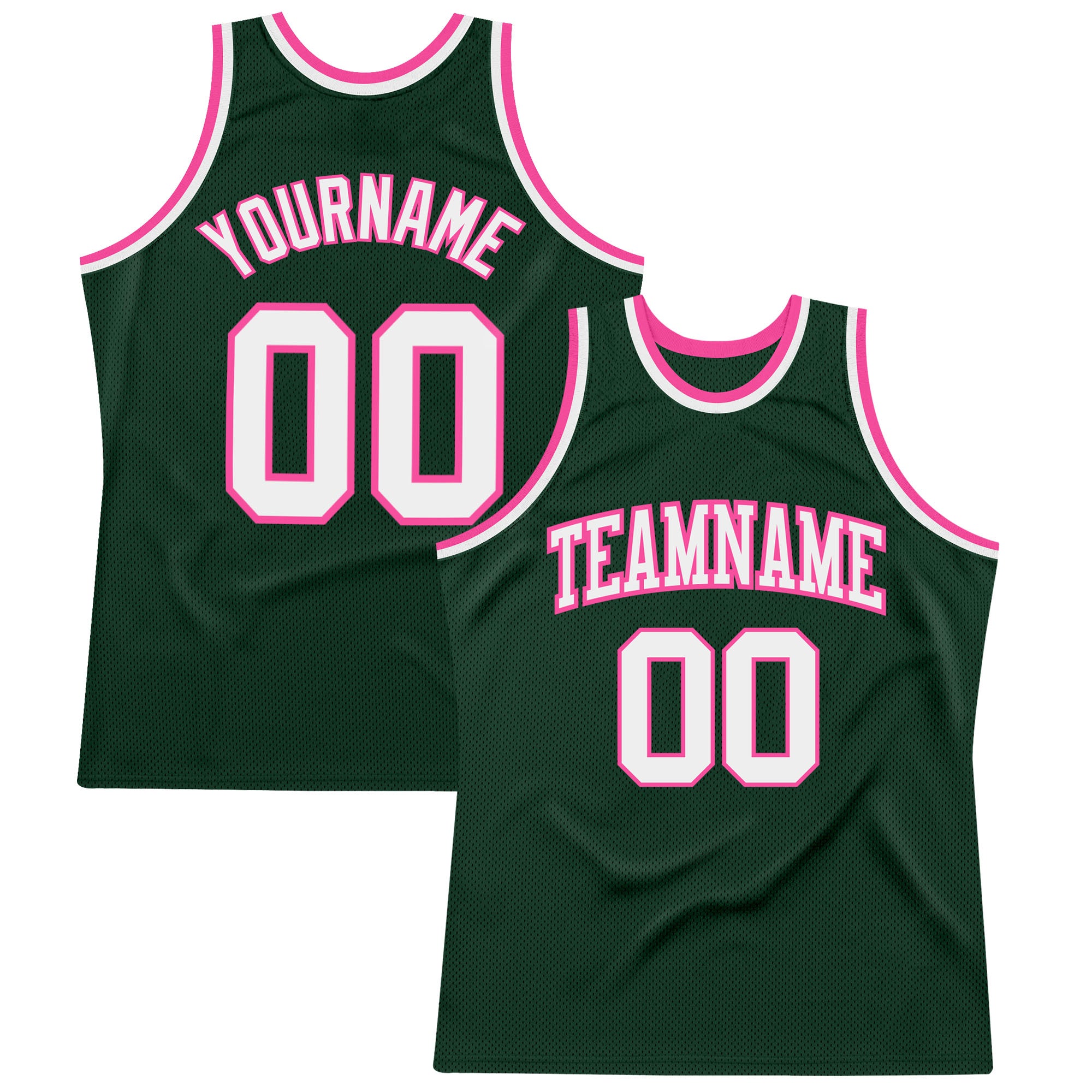 Hunter Green White-Pink Authentic Basketball Jersey, Custom Throwback Design Custom Hunter Green White-Pink Authentic Throwback