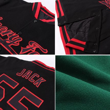 Custom Kelly Green Varsity Letterman Bomber Jacket - Full-Snap Black-Cream Custom Kelly Green Black-Cream Bomber Full-Snap