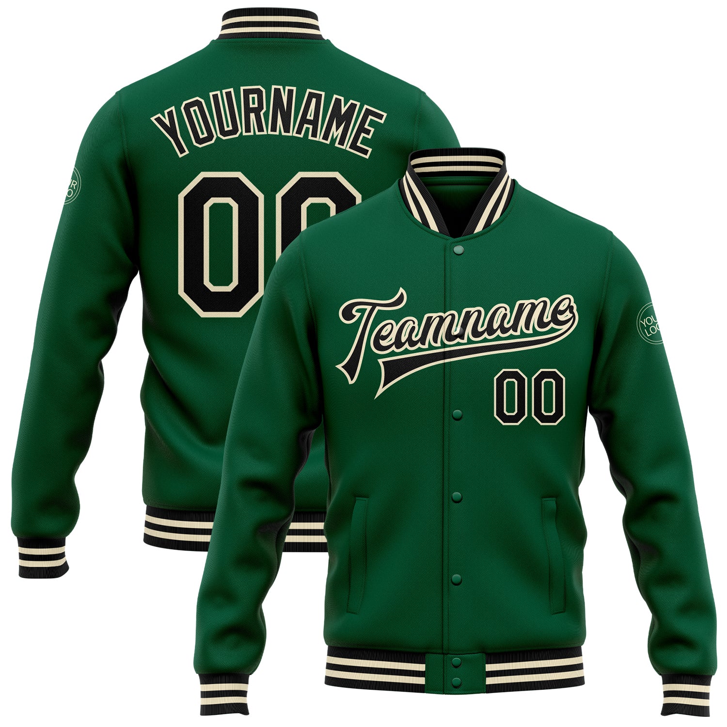 Custom Kelly Green Varsity Letterman Bomber Jacket - Full-Snap Black-Cream Custom Kelly Green Black-Cream Bomber Full-Snap