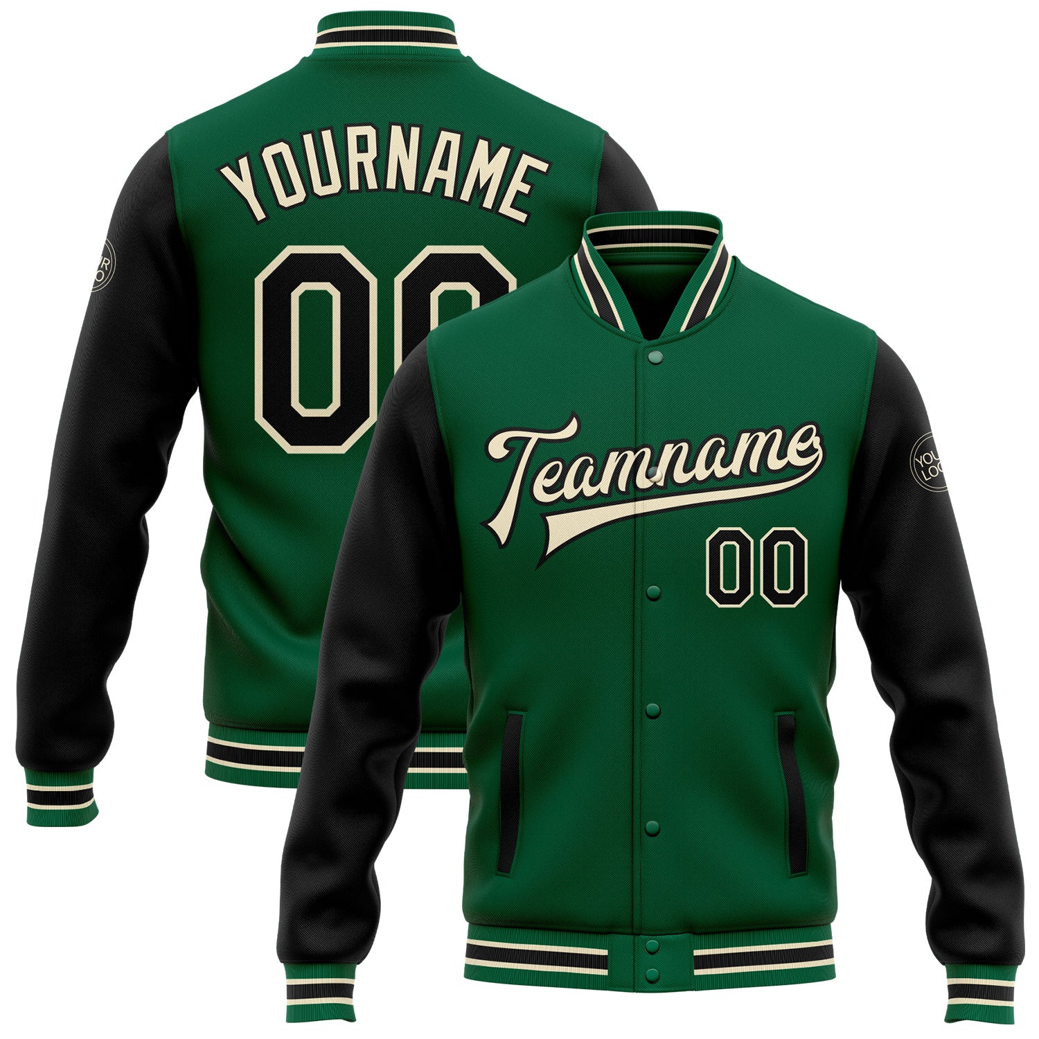 Custom Kelly Green Varsity Letterman Two Tone Bomber Full-Snap Jacket - Black-Cream Custom Kelly Green Black-Cream Bomber
