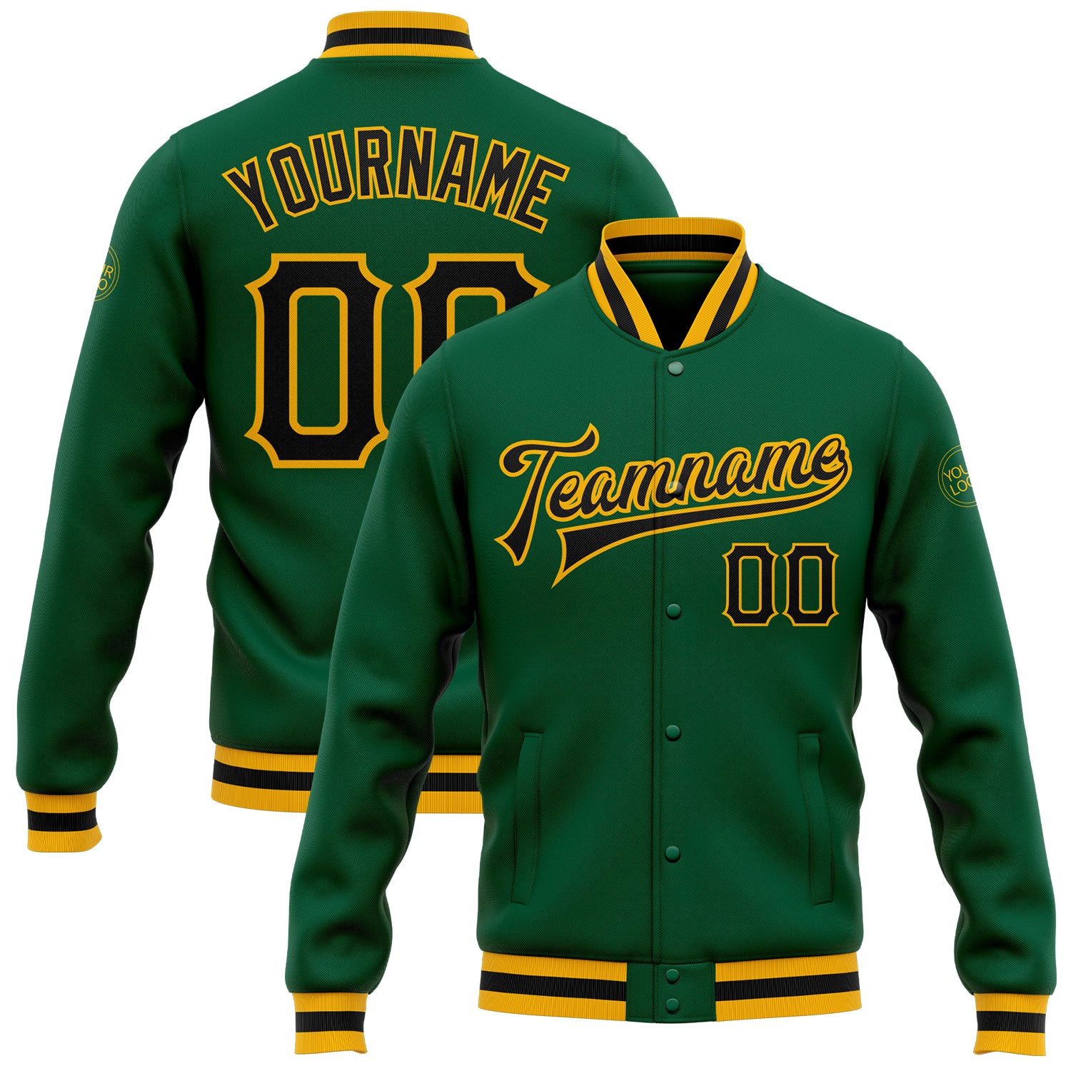 Custom Kelly Green Gold Black Varsity Letterman Bomber Full-Snap Jacket Custom Kelly Green Black-Gold Bomber Full-Snap Varsity