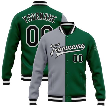 Custom Kelly Green Varsity Letterman Bomber Jacket Black-Gray Full-Snap Fashion Coat Custom Kelly Green Black-Gray Bomber