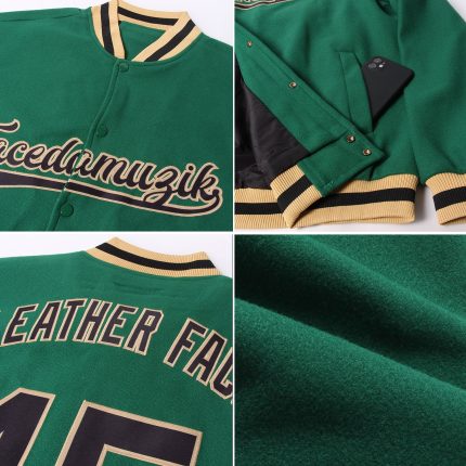 Custom Kelly Green Varsity Letterman Jacket Black and Gold Full-Snap Bomber Custom Kelly Green Black-Old Gold Bomber Full-Snap