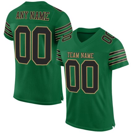 Custom Kelly Green Authentic Football Jersey - Black and Old Gold Mesh Design Custom Kelly Green Black-Old Gold Mesh Authentic