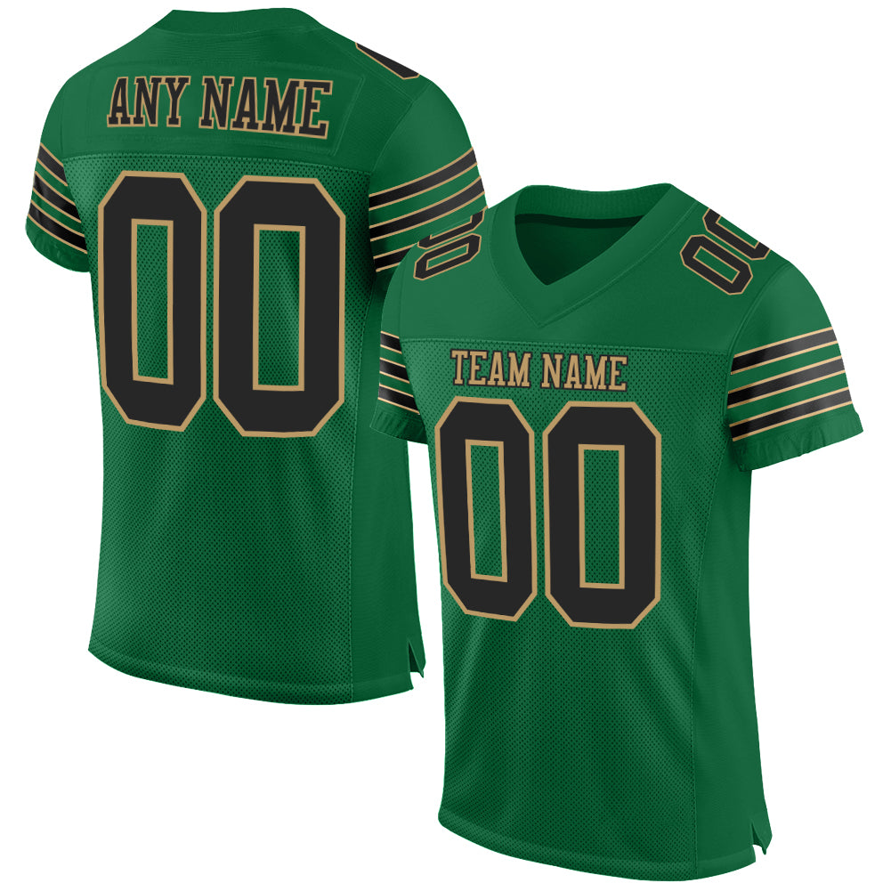 Custom Kelly Green Authentic Football Jersey - Black and Old Gold Mesh Design Custom Kelly Green Black-Old Gold Mesh Authentic
