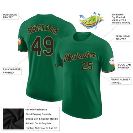 Custom Kelly Green Performance T-Shirt - Black and Old Gold Design Custom Kelly Green Black-Old Gold Performance T-Shirt