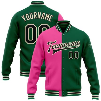 Custom Kelly Green Split Fashion Jacket Pink-Cream Bomber Full-Snap Varsity Letterman Custom Kelly Green Black Pink-Cream