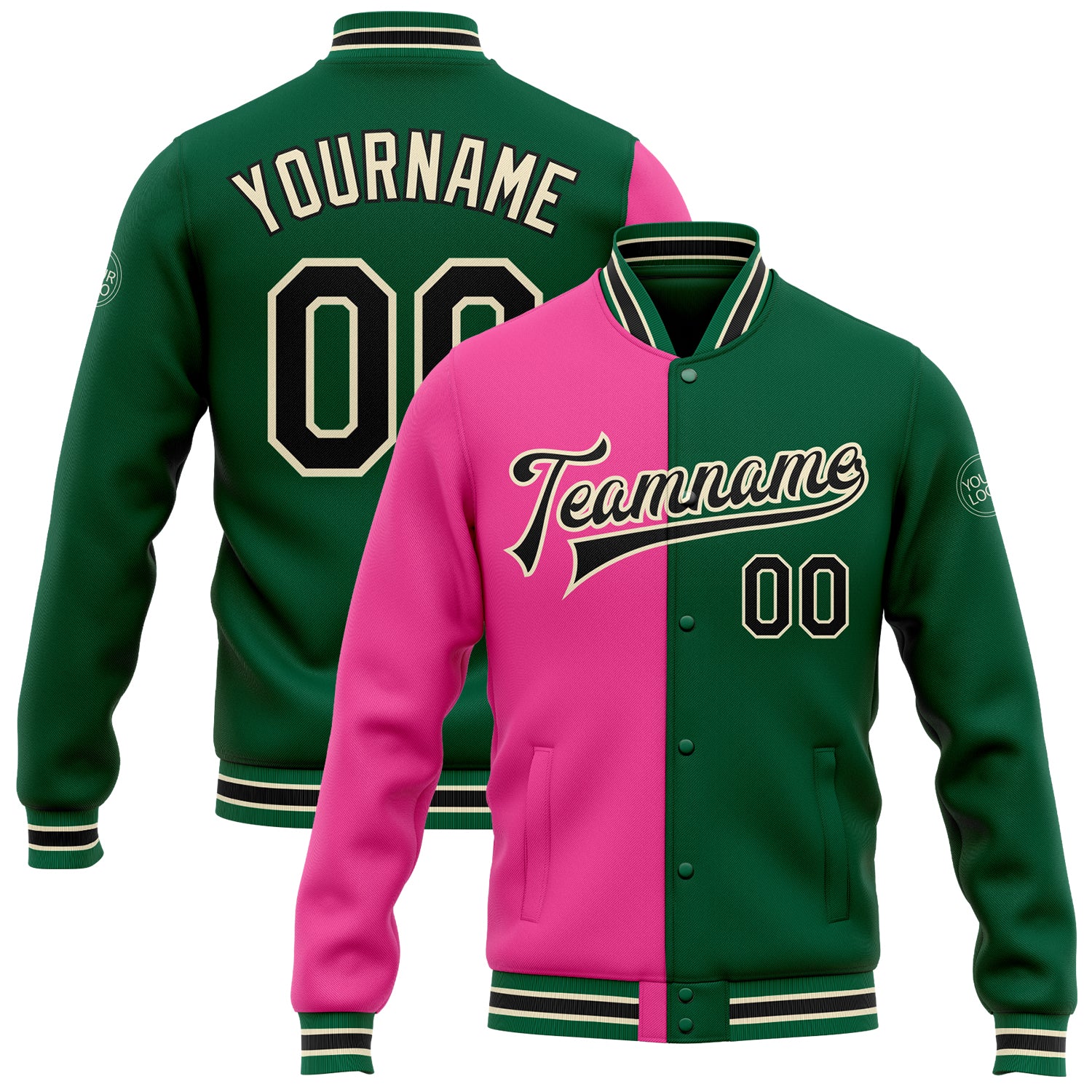 Custom Kelly Green Black Pink-Cream Bomber Full-Snap Varsity Letterman Split Fashion Jacket Custom Kelly Green Split Fashion Jacket Pink-Cream Bomber Full-Snap Varsity Letterman Custom Kelly Green Black Pink-Cream