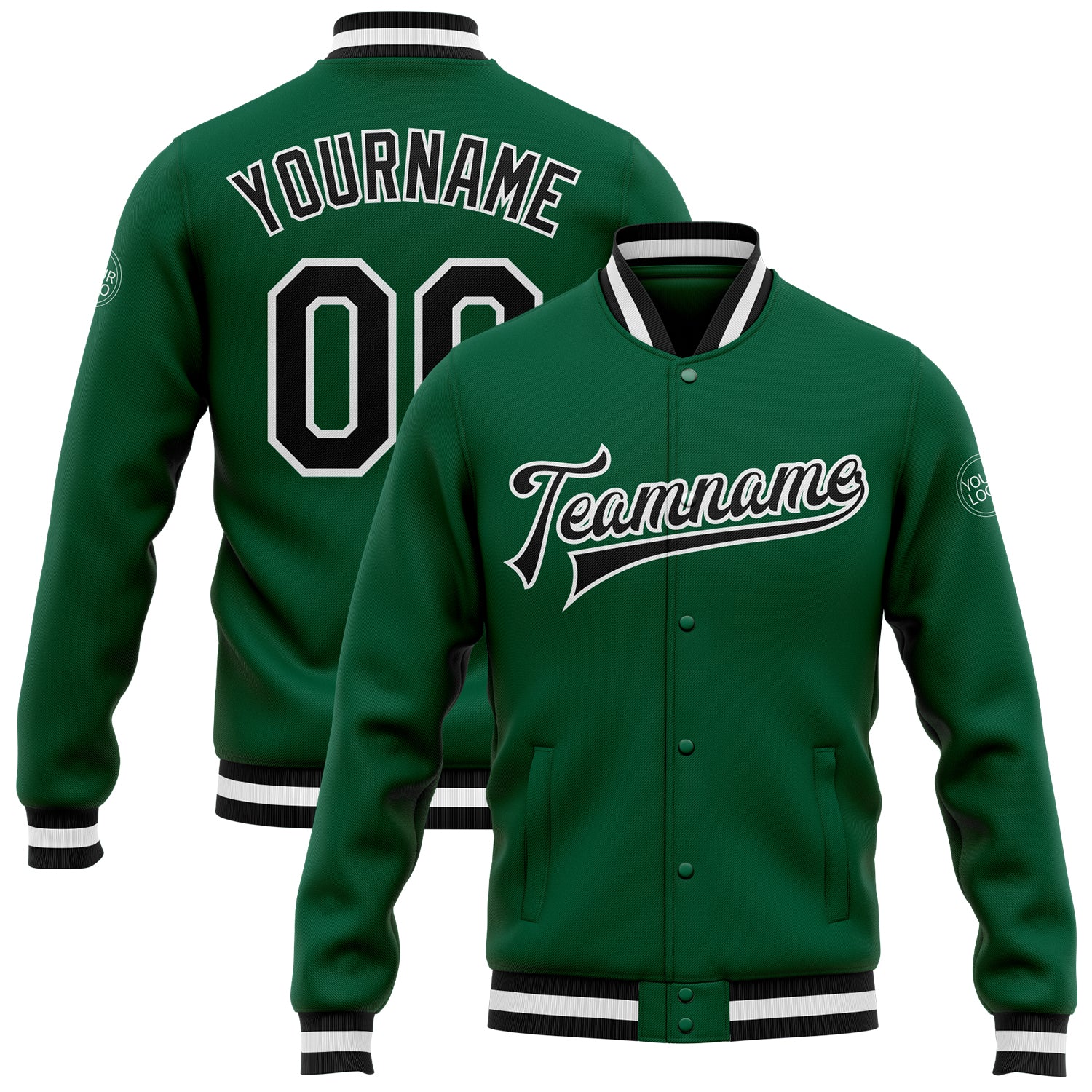 Custom Kelly Green Varsity Letterman Jacket Black-White Bomber Full-Snap Custom Kelly Green Black-White Bomber Full-Snap