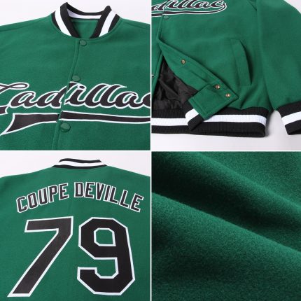 Custom Kelly Green Varsity Letterman Jacket Black-White Bomber Full-Snap Custom Kelly Green Black-White Bomber Full-Snap