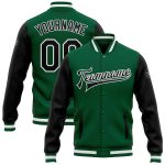 Custom Kelly Green Two-Tone Varsity Letterman Bomber Jacket Black-White Full-Snap Custom Kelly Green Black-White Bomber Full-Snap