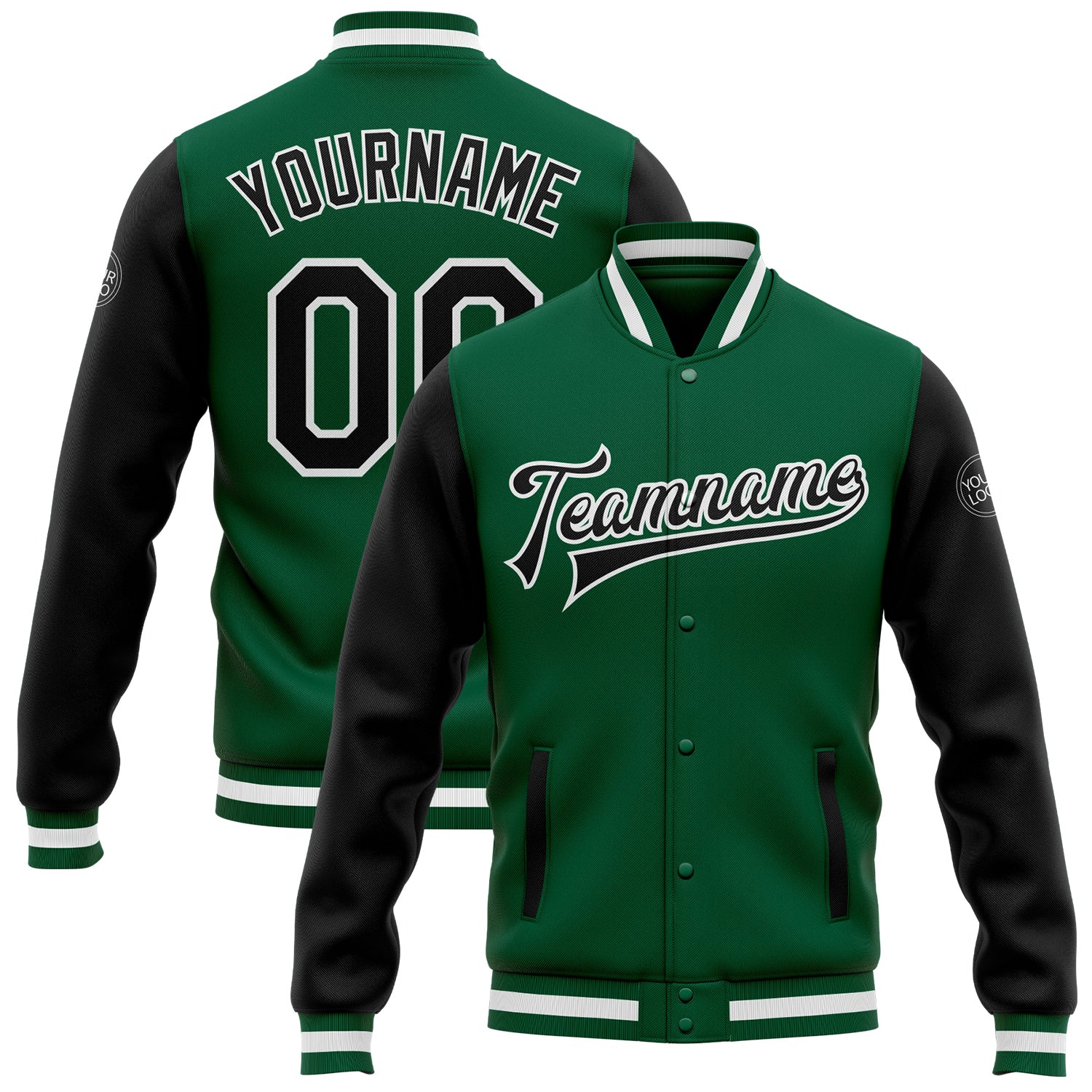Custom Kelly Green Two-Tone Varsity Letterman Bomber Jacket Black-White Full-Snap Custom Kelly Green Black-White Bomber Full-Snap