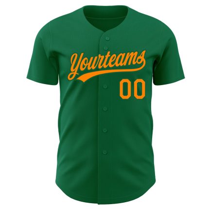 Custom kelly green and orange baseball jersey, back view