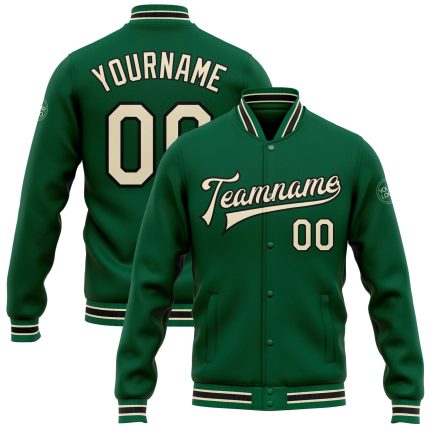 Custom Kelly Green Cream Black Varsity Letterman Jacket Full-Snap Bomber Custom Kelly Green Cream-Black Bomber Full-Snap