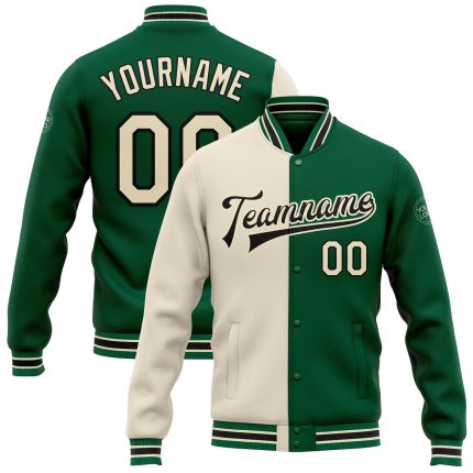Custom Kelly Green Bomber Jacket Cream-Black Full-Snap Varsity Letterman Fashion Jacket Custom Kelly Green Cream-Black Bomber