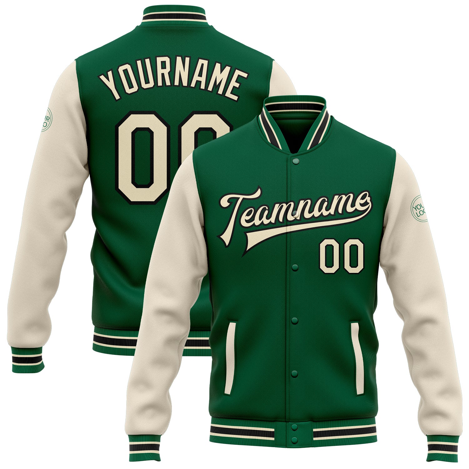 Custom Kelly Green Two Tone Bomber Varsity Letterman Jacket Cream-Black Full-Snap Custom Kelly Green Cream-Black Bomber Full-Snap