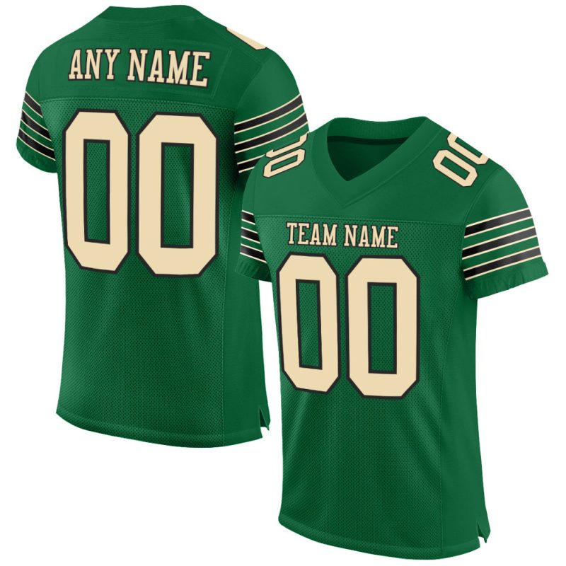 Kelly Green Custom Authentic Football Jersey - Cream-Black Mesh Design Custom Kelly Green Cream-Black Mesh Authentic Football