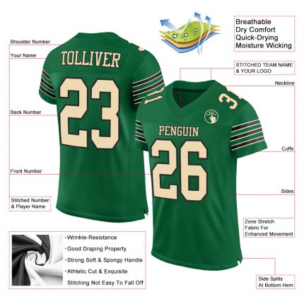 Kelly Green Custom Authentic Football Jersey - Cream-Black Mesh Design Custom Kelly Green Cream-Black Mesh Authentic Football