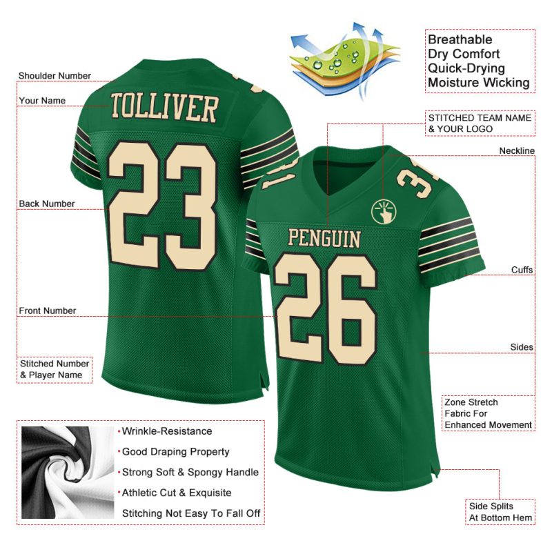 Kelly Green Custom Authentic Football Jersey - Cream-Black Mesh Design Custom Kelly Green Cream-Black Mesh Authentic Football