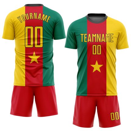 Cameroonian Flag Soccer Jersey - Custom Sublimation Kelly Green Gold Red-Black Uniform Custom Kelly Green Gold Red-Black