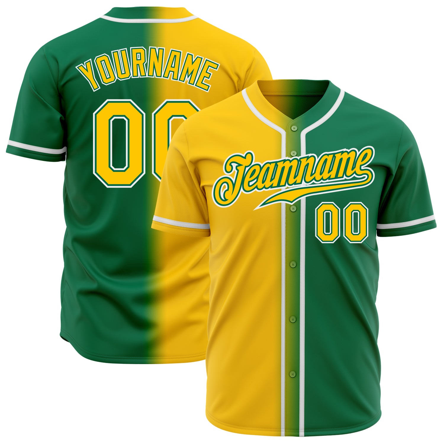 Custom Kelly Green Authentic Fade Baseball Jersey | Gold-White Fashion Design Custom Kelly Green Gold-White Authentic Fade