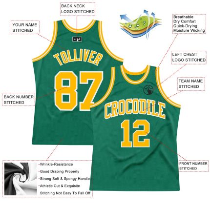 Custom kelly green, gold and white throwback basketball jersey, back view