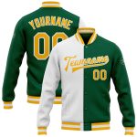 Kelly Green Gold White Bomber Jacket - Full Snap Varsity Letterman Fashion Split Jacket Custom Kelly Green Gold-White Bomber