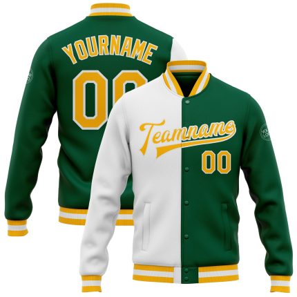 Kelly Green Gold White Bomber Jacket - Full Snap Varsity Letterman Fashion Split Jacket Custom Kelly Green Gold-White Bomber