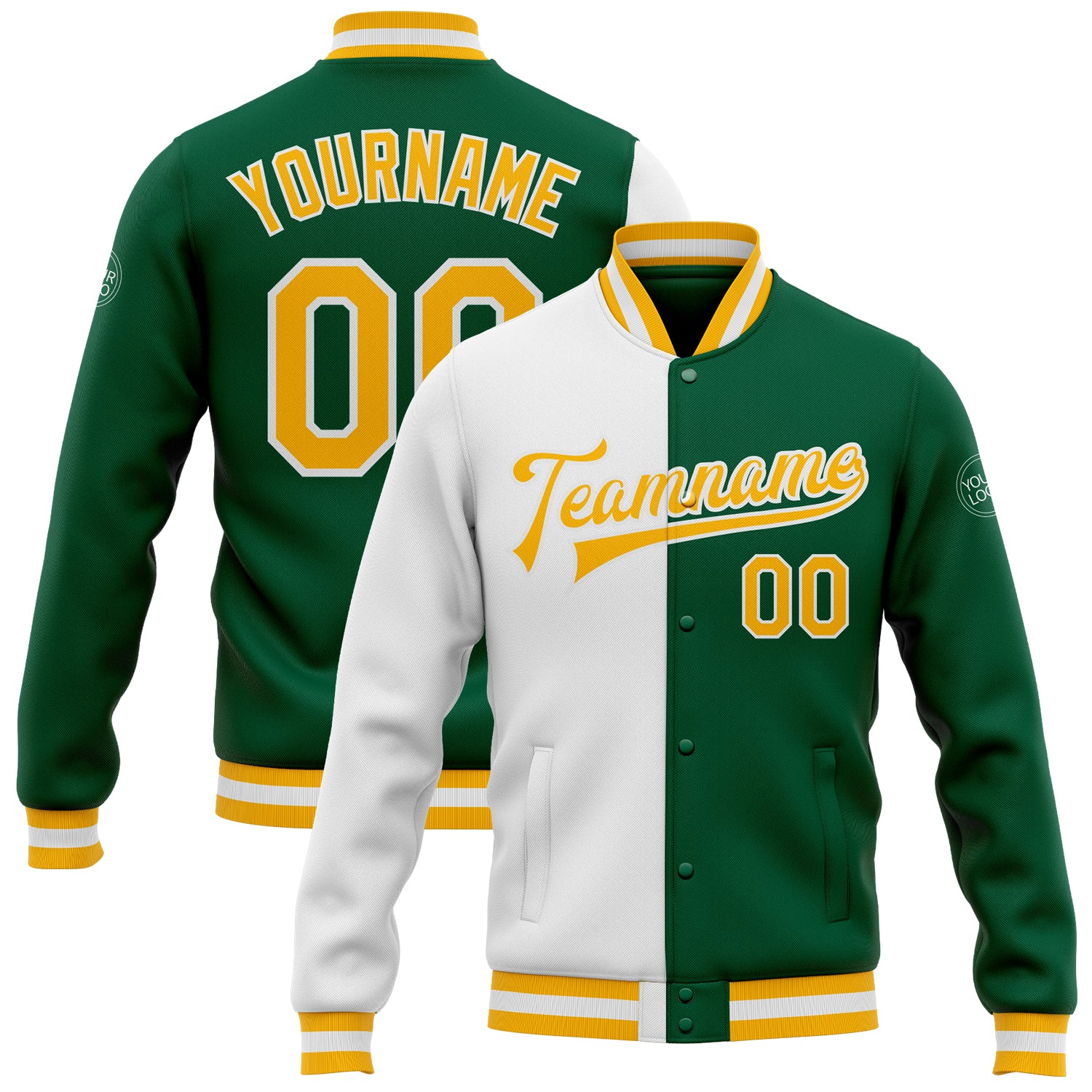 Custom Kelly Green Gold-White Bomber Full-Snap Varsity Letterman Split Fashion Jacket Kelly Green Gold White Bomber Jacket - Full Snap Varsity Letterman Fashion Split Jacket Custom Kelly Green Gold-White Bomber