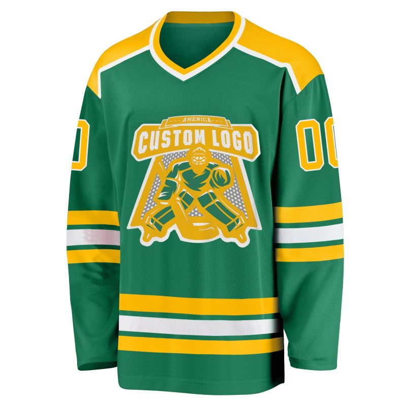 Custom Green Gold White Hockey Jersey - Personalized Hockey Uniform Custom Kelly Green Gold-White Hockey Jersey