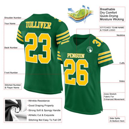 Custom Kelly Green Authentic Football Jersey with Gold and White Mesh Design Custom Kelly Green Gold-White Mesh Authentic