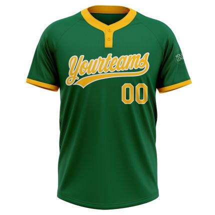 Custom Softball Jersey Unisex Two-Button Kelly Green with Gold and White Trim Custom Kelly Green Gold-White Two-Button Unisex