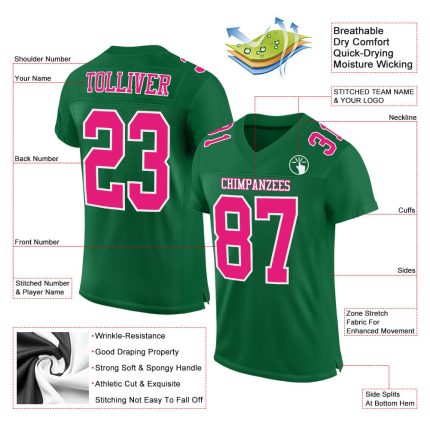 Custom Football Jersey - Authentic Kelly Green Hot Pink White Mesh Design Custom Kelly Green Hot Pink-White Mesh Authentic