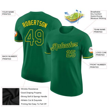 Custom Kelly Green Performance T-Shirt - Gold Accent Design, Comfortable Fit Custom Kelly Green Kelly Green-Gold Performance