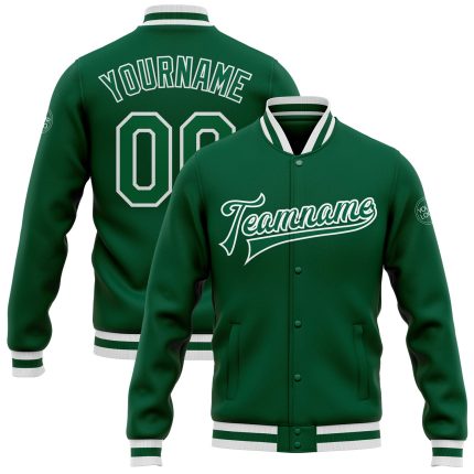 Custom Kelly Green Varsity Letterman Jacket - White Bomber Full-Snap Jacket Custom Kelly Green Kelly Green-White Bomber Full-Snap