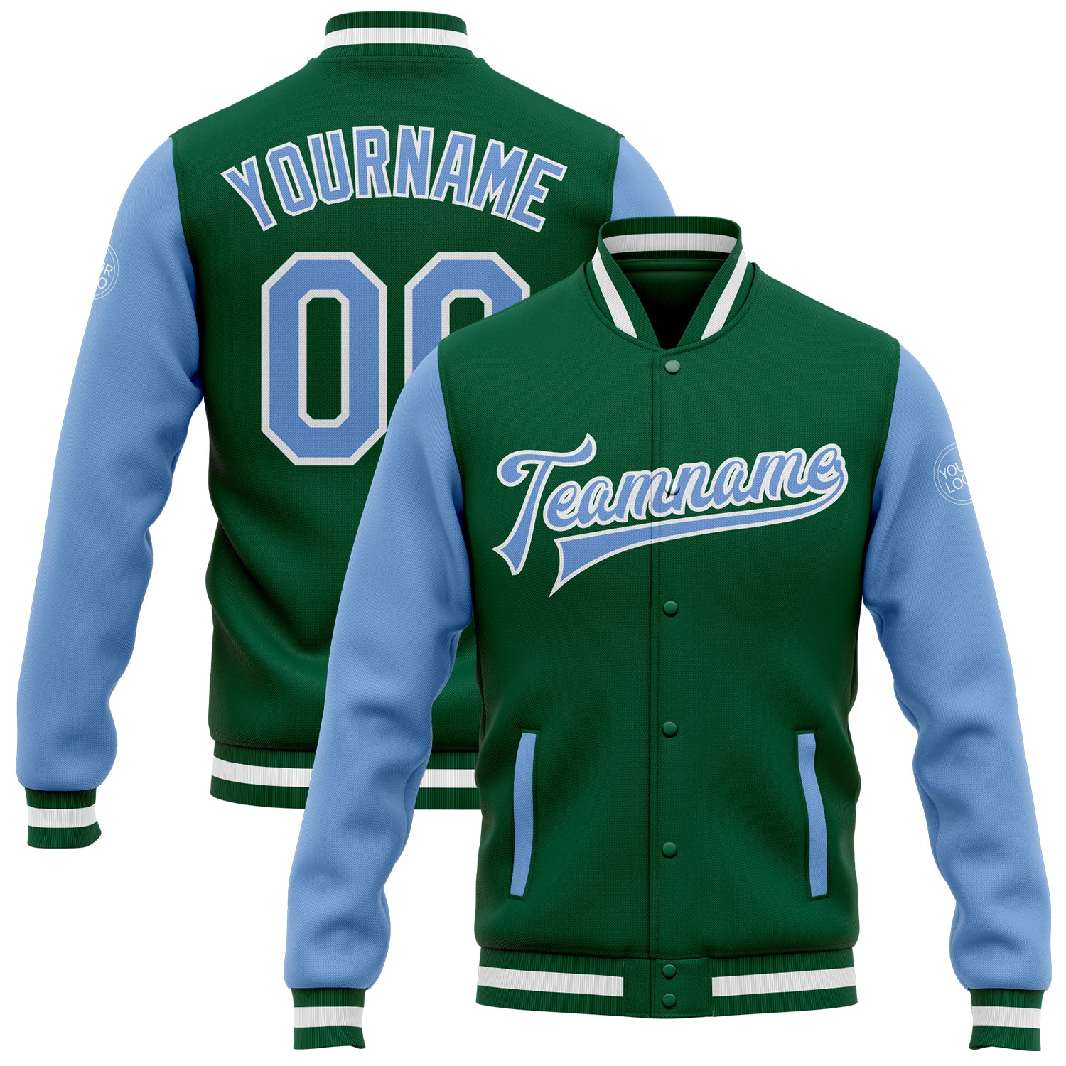 Custom Kelly Green and Light Blue Varsity Letterman Bomber Full-Snap Jacket Two Tone Custom Kelly Green Light Blue-White