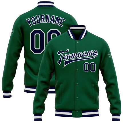 Kelly Green Navy White Varsity Letterman Bomber Jacket Custom Full-Snap Custom Kelly Green Navy-White Bomber Full-Snap Varsity