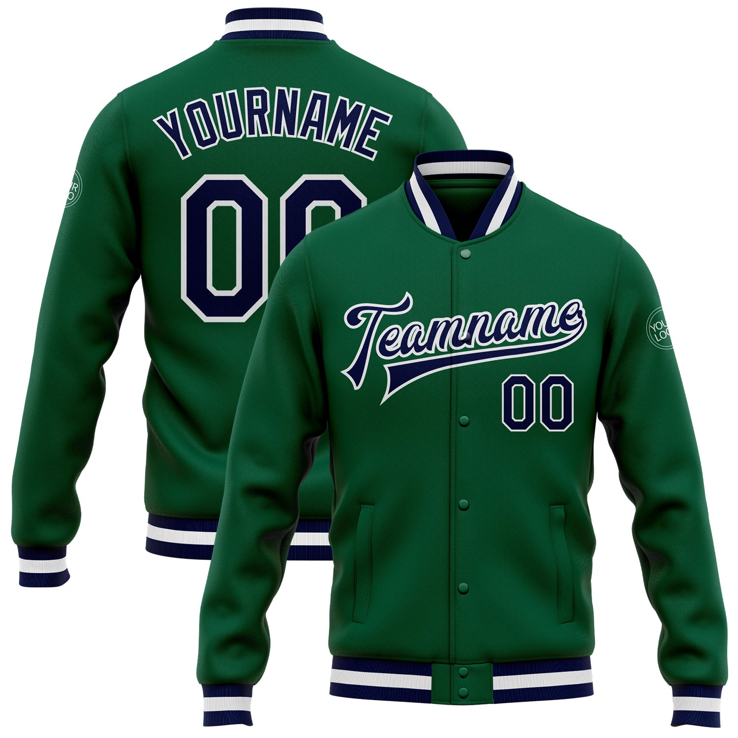 Kelly Green Navy White Varsity Letterman Bomber Jacket Custom Full-Snap Custom Kelly Green Navy-White Bomber Full-Snap Varsity