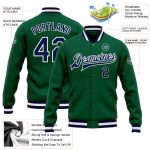 Kelly Green Navy White Varsity Letterman Bomber Jacket Custom Full-Snap Custom Kelly Green Navy-White Bomber Full-Snap Varsity
