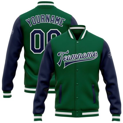 Custom Bomber Jacket Kelly Green Navy White Two Tone Full-Snap Varsity Letterman Custom Kelly Green Navy-White Bomber Full-Snap