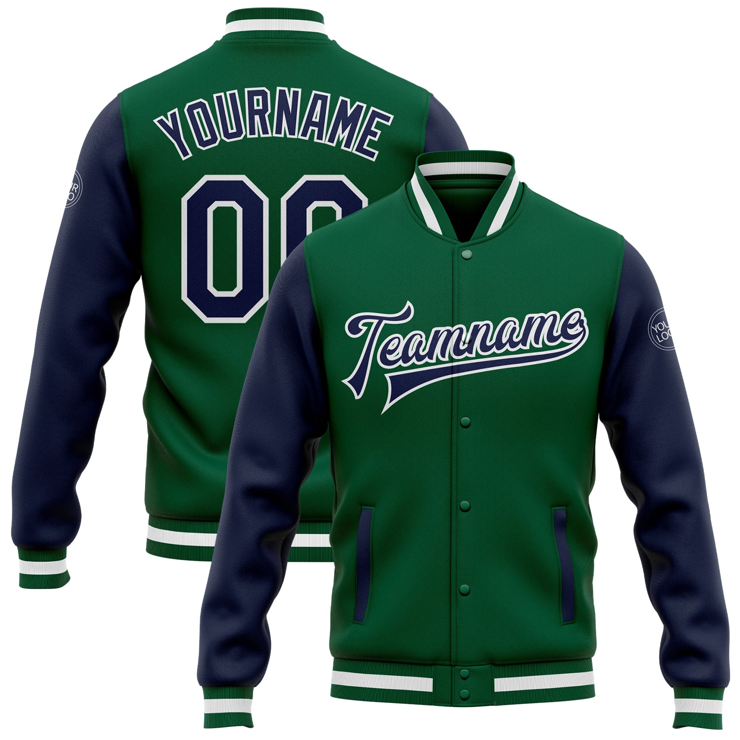 Custom Bomber Jacket Kelly Green Navy White Two Tone Full-Snap Varsity Letterman Custom Kelly Green Navy-White Bomber Full-Snap