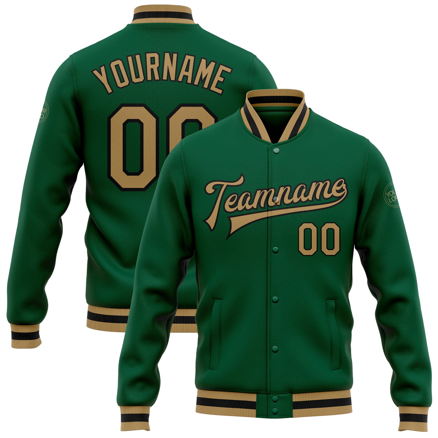 Custom Kelly Green Old Gold Black Varsity Letterman Bomber Jacket Full-Snap Custom Kelly Green Old Gold-Black Bomber Full-Snap