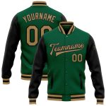 Custom Kelly Green Black Gold Varsity Letterman Bomber Jacket Full-Snap Two Tone Custom Kelly Green Old Gold-Black Bomber