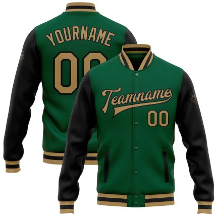Custom Kelly Green Black Gold Varsity Letterman Bomber Jacket Full-Snap Two Tone Custom Kelly Green Old Gold-Black Bomber