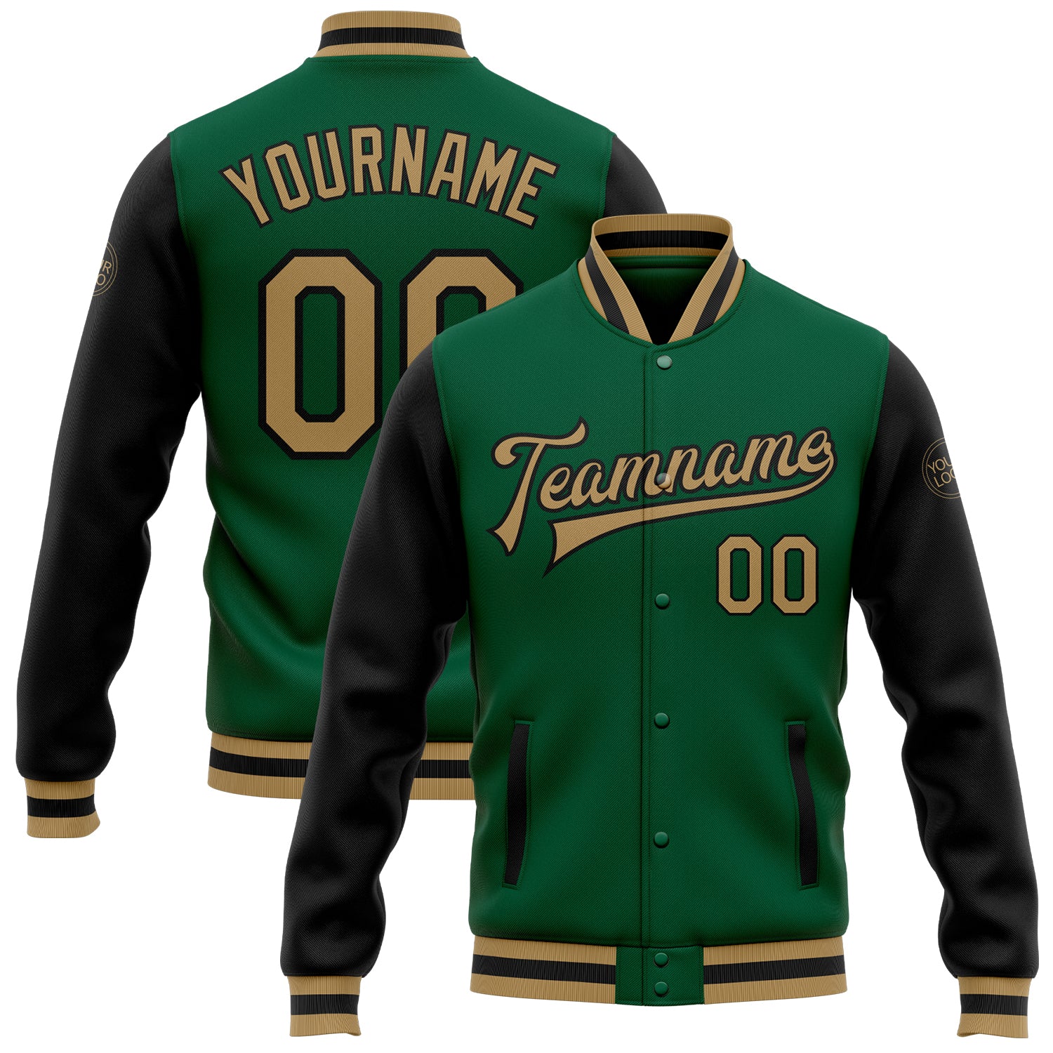 Custom Kelly Green Black Gold Varsity Letterman Bomber Jacket Full-Snap Two Tone Custom Kelly Green Old Gold-Black Bomber