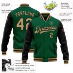 Custom Kelly Green Black Gold Varsity Letterman Bomber Jacket Full-Snap Two Tone Custom Kelly Green Old Gold-Black Bomber